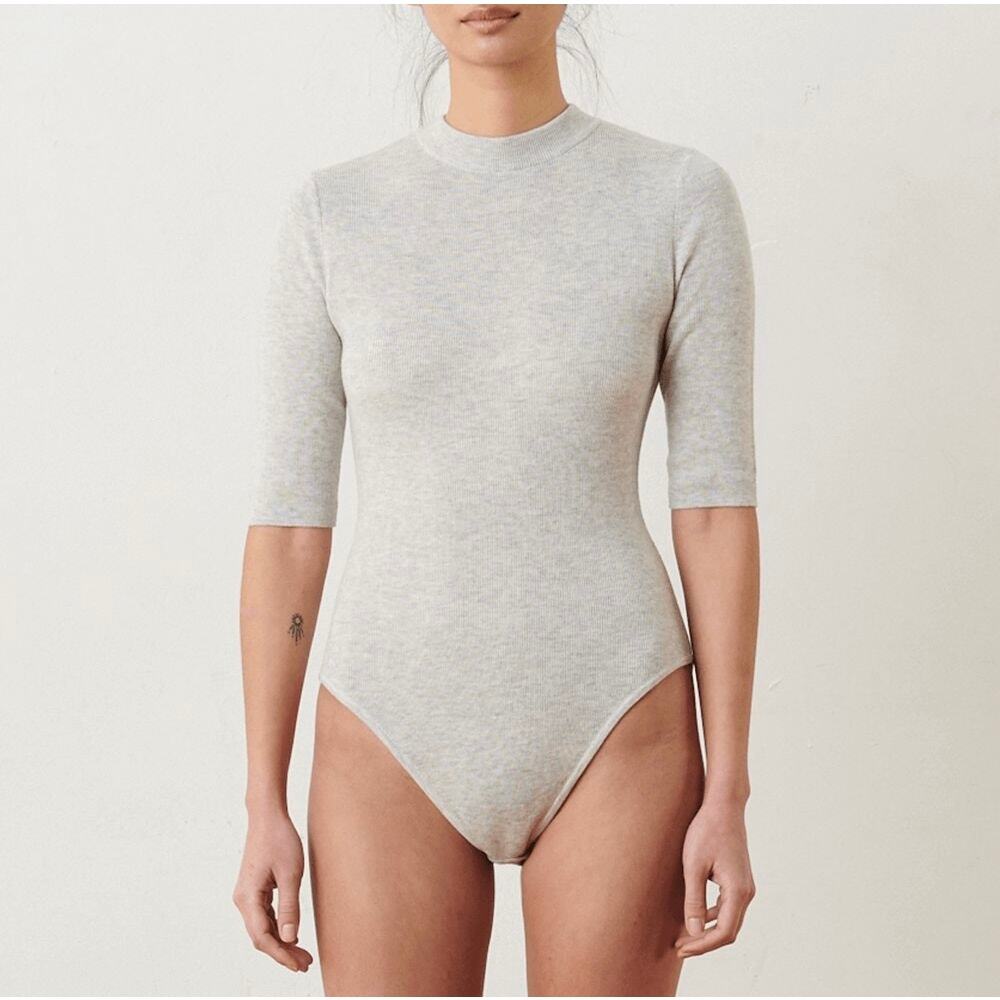 EUC ADAY Like A Glove Bodysuit High Neck Short Sleeve‎ Gray Merino Wool Size XS